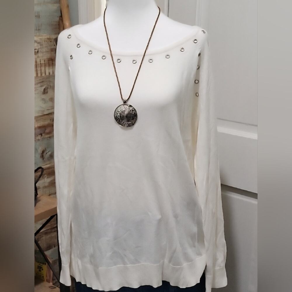 Michael Kors White Eyelet Boat Neck Knit Tunic Lightweight Summer Sweater szXL